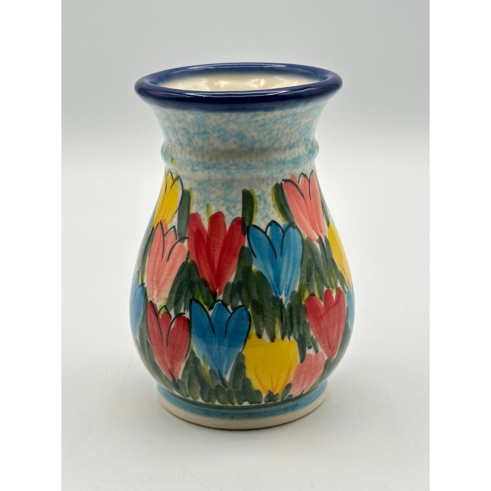 Polish Pottery Artist Signed Unikat Floral Vase 5" E. Baran Poland Stoneware